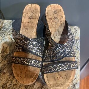 Corkys Black and Gold Wedge Sandals